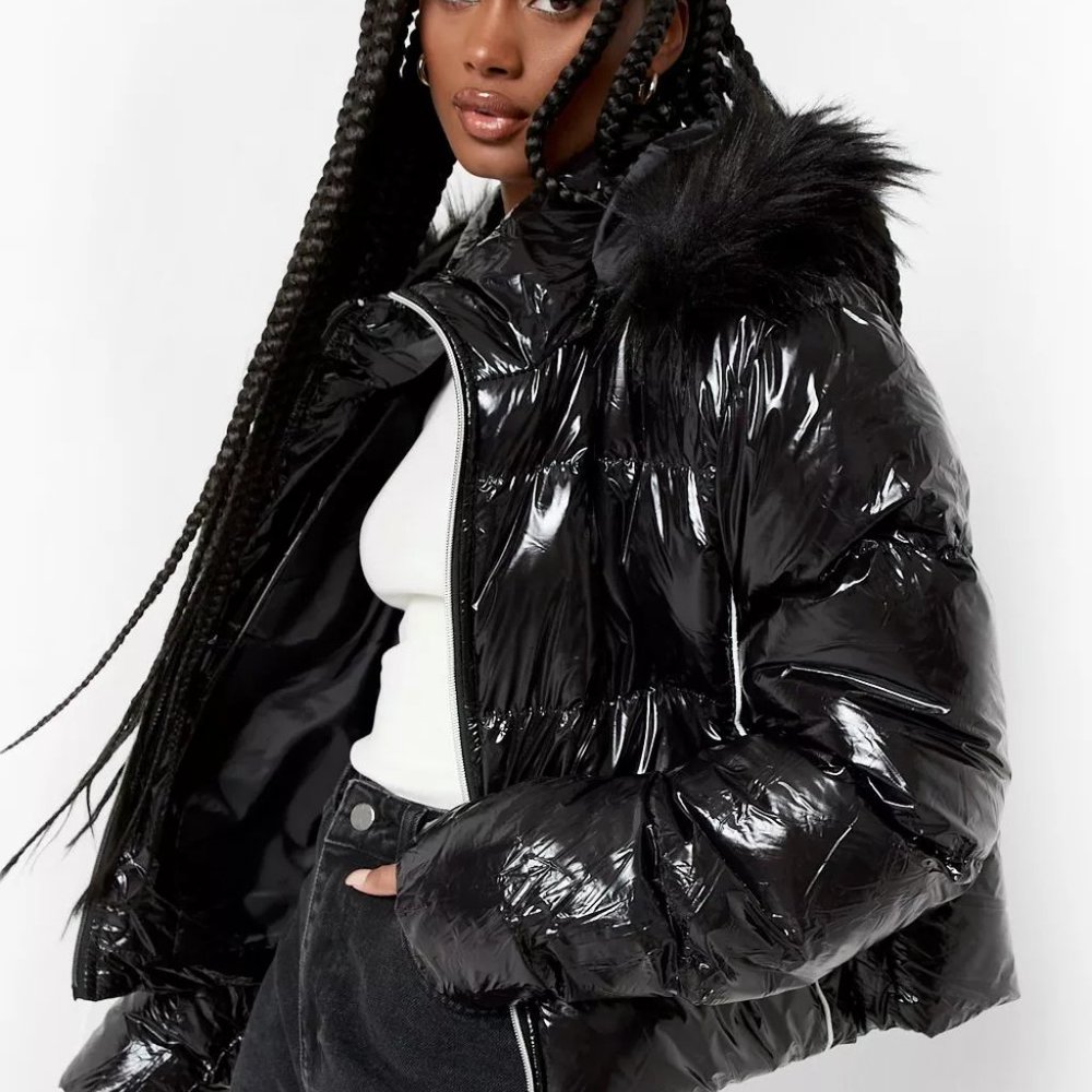 CROP FAUX FUR TRIM HIGH SHINE PUFFER SIZE:10